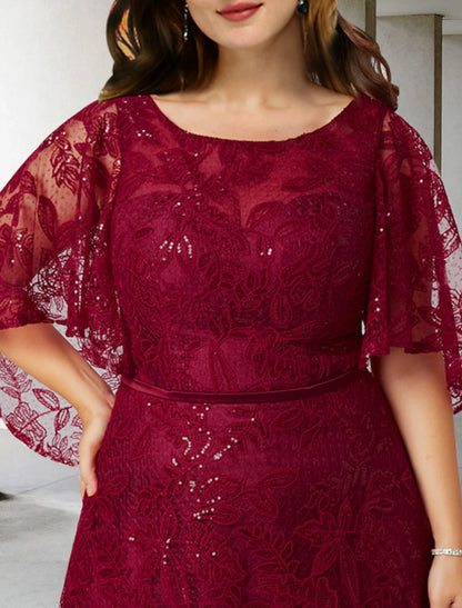 A-Line Mother of the Bride Dress Plus Size Elegant Jewel Neck Floor Length Lace Half Sleeve No with Sequin Appliques