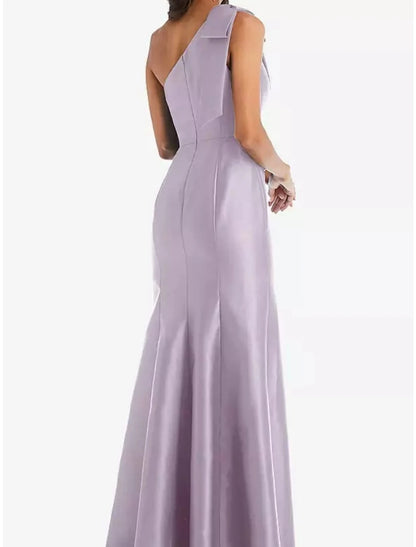 Sheath / Column Bridesmaid Dress One Shoulder Sleeveless Elegant Floor Length Satin with Bow(s) / Ruching