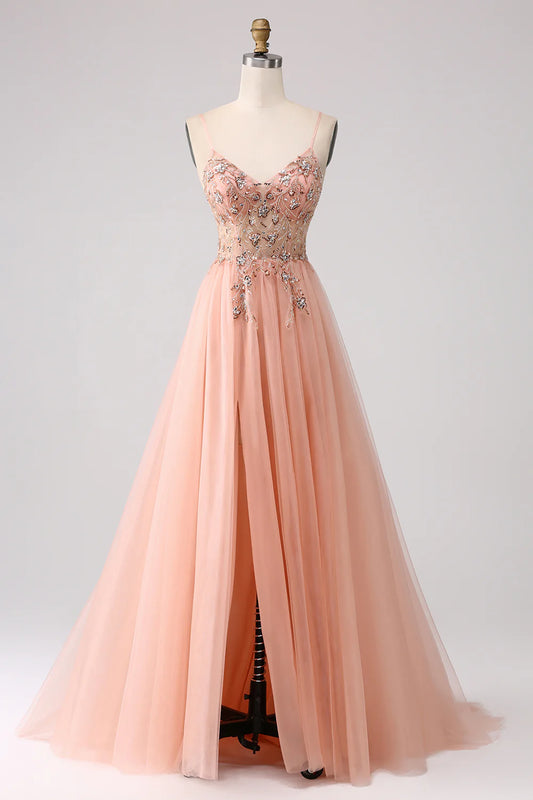 A Line Sparkly Sequins Spaghetti Straps Long Prom Dress With Slit