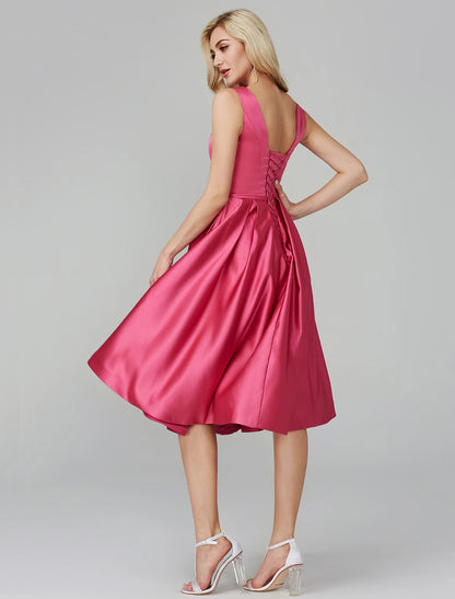 A-Line Party Dress Wedding Guest Knee Length Sleeveless V Wire Barbiecore Satin with Sash / Ribbon