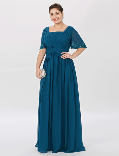 Ball Gown A-Line Mother of the Bride Dress Formal Classic & Timeless Elegant & Luxurious Plus Size Square Neck Floor Length Chiffon Short Sleeve No with Pleats Beading