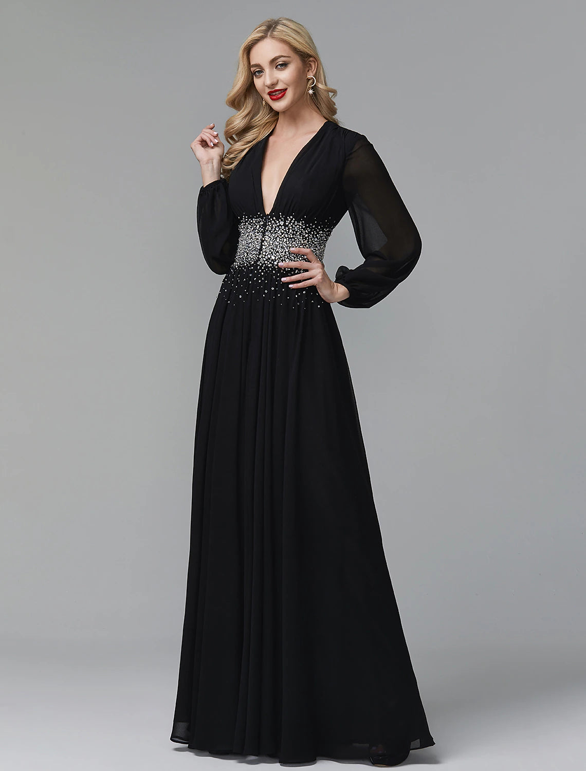 A-Line Evening Dress Celebrity Red Carpet Formal Gown Black Tie Wedding Guest Floor Length Long Sleeve V Neck Chiffon with Sequin