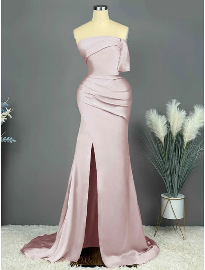 A-Line Evening Gown Elegant Dress Formal Sweep / Brush Train Sleeveless Strapless Satin with Pleats Ruched Slit