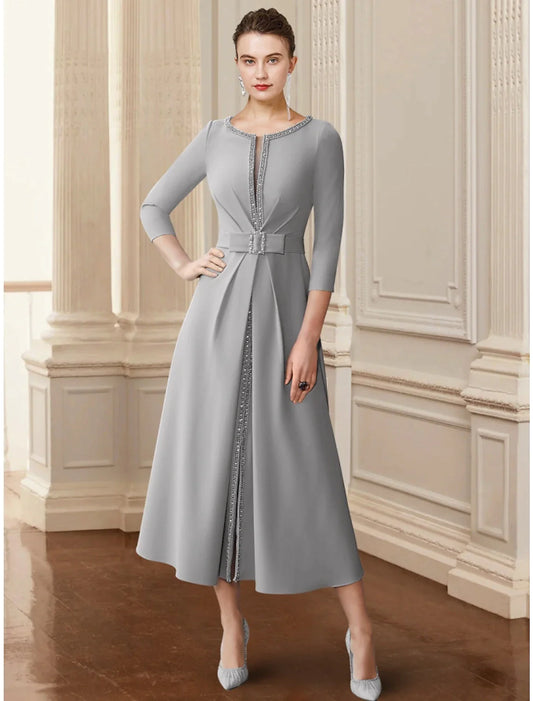 A-Line Mother of the Bride Dress Wedding Guest Elegant Scoop Neck Tea Length Stretch Chiffon 3/4 Length Sleeve with Bow(s) Sequin Ruching