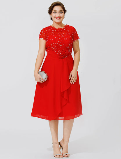 A-Line Mother of the Bride Dress Elegant & Luxurious Beautiful Back Plus Size Jewel Neck Knee Length Chiffon Beaded Lace Short Sleeve No with Pleats Beading Flower