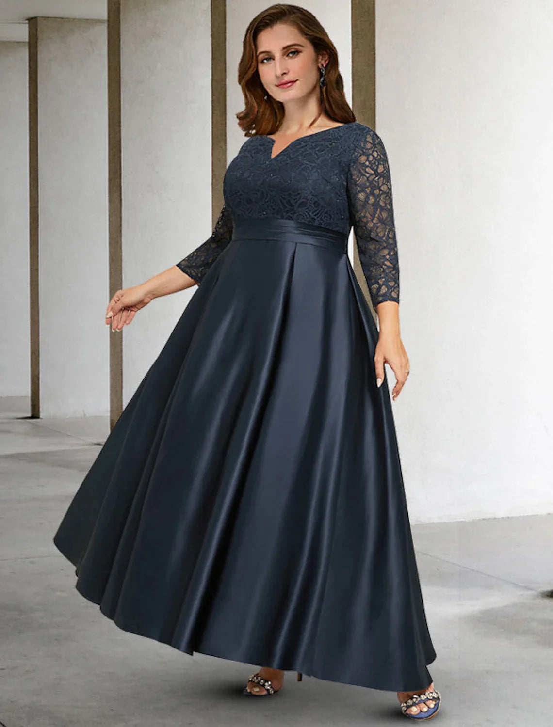 A-Line Mother of the Bride Dresses Plus Size Hide Belly Curve Elegant Dress Formal Asymmetrical 3/4 Length Sleeve V Neck Satin with Pleats Ruched