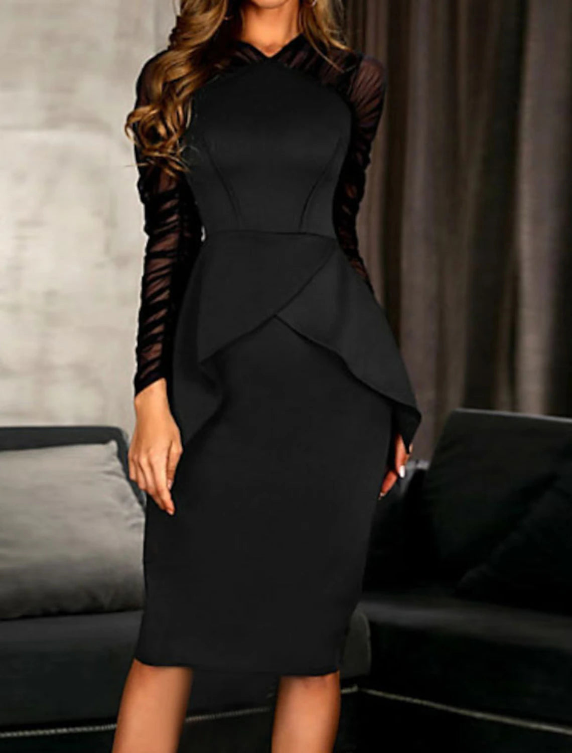 Sheath / Column Cocktail Dresses Black Dress Wedding Guest Cocktail Party Knee Length Long Sleeve High Neck Fall Wedding Guest Spandex with Ruched Ruffles