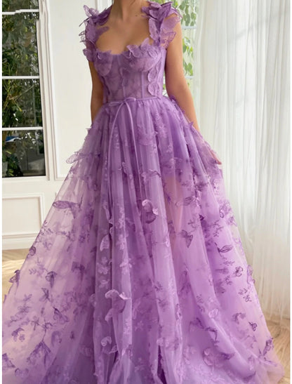 A-Line Prom Dresses Elegant Dress Formal Sweep / Brush Train Sleeveless Square Neck Tulle with Pleats Slit Appliques