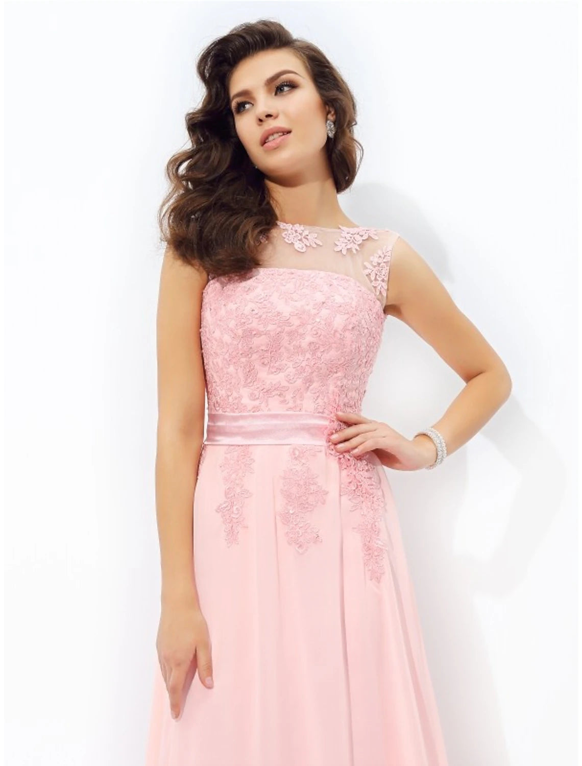 A-Line Prom Dresses Sparkle & Shine Dress Formal Floor Length Sleeveless Jewel Neck Chiffon with Appliques