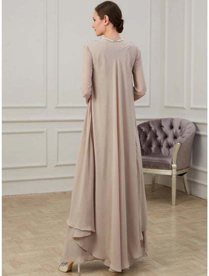 A-Line Mother of the Bride Dress Elegant Jewel Neck Floor Length Chiffon Long Sleeve Jacket Dresses with Appliques