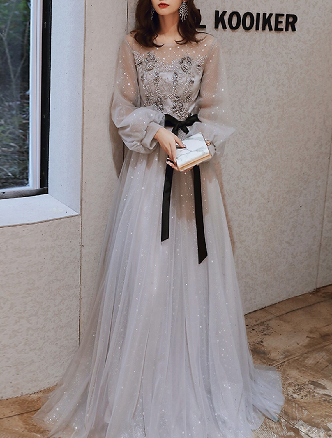 A-Line Prom Dresses Floral Dress Wedding Guest Engagement Sweep / Brush Train Long Sleeve Jewel Neck Tulle with Appliques