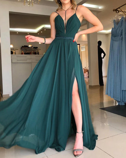 A-line Plunge Neck Open Back Chiffon Split Prom Dresses