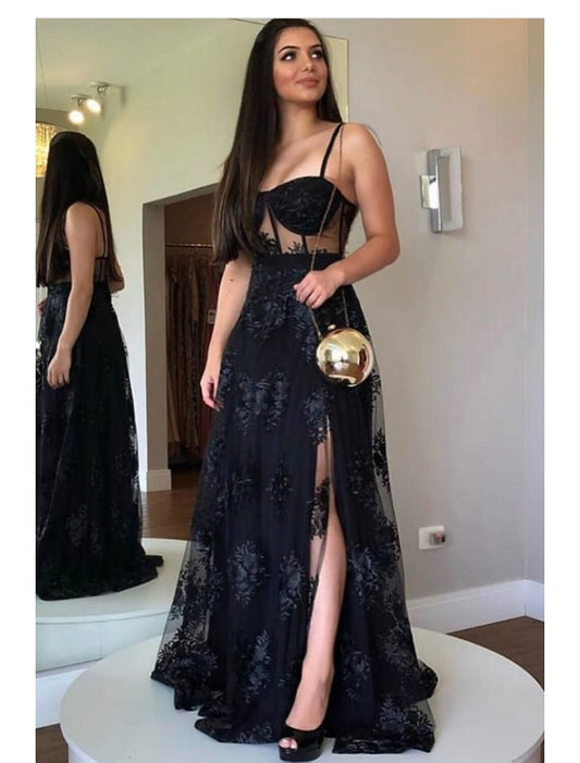 A-Line Prom Dresses Cut Out Dress Party Wear Wedding Party Floor Length Sleeveless Sweetheart Wednesday Addams Family Lace Backless with Slit Appliques