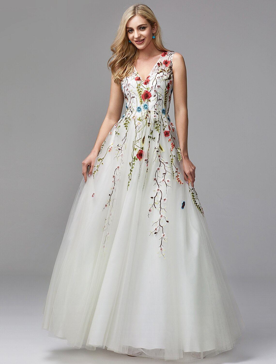 A-Line Special Occasion Dresses White Dress Homecoming Floor Length Sleeveless V Neck Lace with Embroidery Appliques