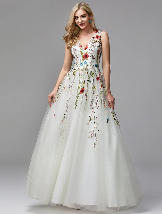 A-Line Special Occasion Dresses Floral Dress Homecoming Quinceanera Floor Length Sleeveless V Neck Lace with Embroidery Appliques