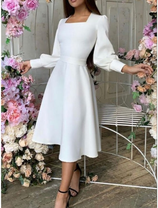 Little White Dresses Wedding Dresses A-Line Square Neck Long Sleeve Tea Length Satin Bridal Gowns With Pleats Solid Color