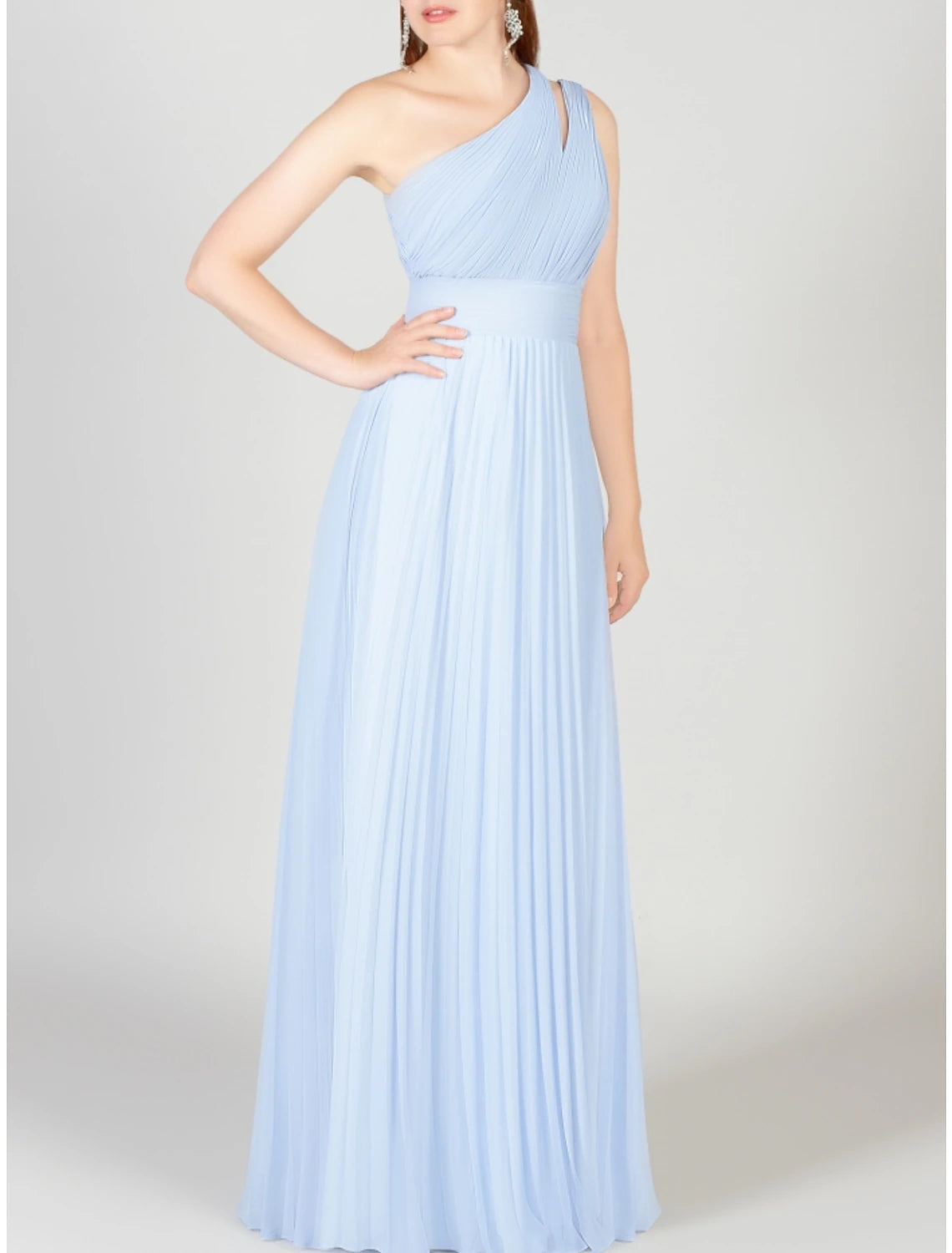 A-Line Bridesmaid Dress One Shoulder Sleeveless Blue Floor Length Chiffon with Ruching