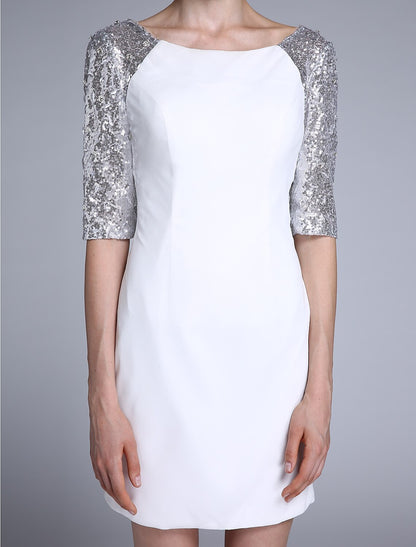 Sheath / Column Mother of the Bride Dress Sparkle & Shine Jewel Neck Short / Mini Chiffon Half Sleeve No with Sequin