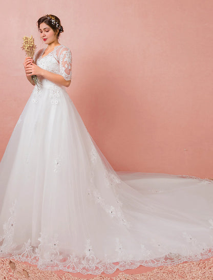 Hall Wedding Dresses A-Line V Neck Half Sleeve Cathedral Train Satin Bridal Gowns With Lace Crystals