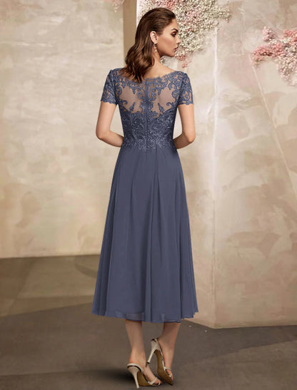 A-Line Mother of the Bride Dress Plus Size Elegant V Neck Tea Length Chiffon Lace Short Sleeve with Pleats Appliques