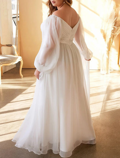 Beach Simple Wedding Dresses A-Line Off Shoulder Long Sleeve Floor Length Chiffon Bridal Gowns With Pleats Solid Color Summer Wedding Party