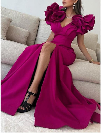 A-Line Evening Gown Elegant Dress Formal Floor Length Short Sleeve V Neck Polyester with Pleats Ruffles Slit