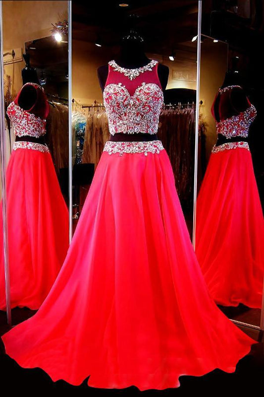 Two Piece Scoop Sleeveless Chiffon Beading Prom Dresses