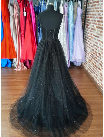 A-Line Prom Dresses Glitter Black Wedding Dresses Formal Gothic Dress Floor Length Sleeveless Sweetheart Spaghetti Tulle with Slit