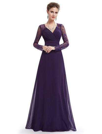 A-Line Evening Gown Elegant Dress Wedding Guest Floor Length Long Sleeve V Neck Chiffon with Sash / Ribbon Ruched Lace Insert