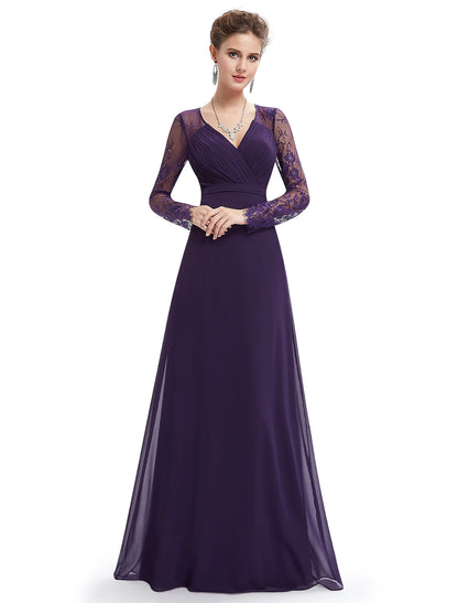 A-Line Evening Gown Elegant Dress Wedding Guest Formal Evening Floor Length Long Sleeve V Neck Chiffon with Sash / Ribbon Ruched Lace Insert