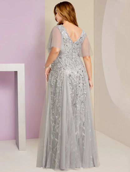 Plus Size Curve Mother of the Bride Dress Party Sparkle & Shine V Neck Floor Length Lace Tulle Short Sleeve with Pleats Sequin