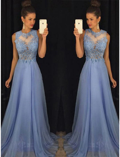 A-Line Empire Prom Formal Evening Dress Jewel Neck Sleeveless Sweep / Brush Train Chiffon with Beading Appliques