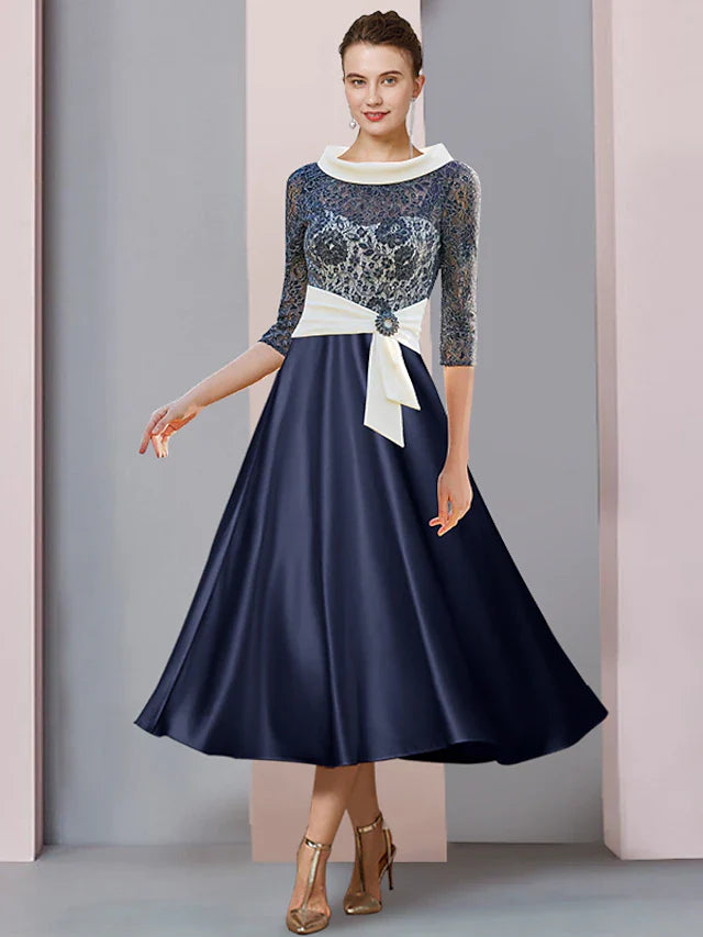 A-Line Mother of the Bride Dress Formal Wedding Guest Party Elegant Bateau Neck Tea Length Satin Lace 3/4 Length Sleeve with Crystal Brooch Ruching Color Block