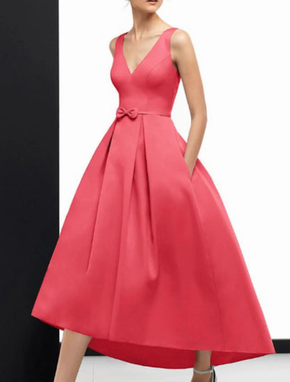 A-Line Evening Gown Vintage Dress Wedding Guest Ankle Length Sleeveless V Neck Pocket Satin with Pocket