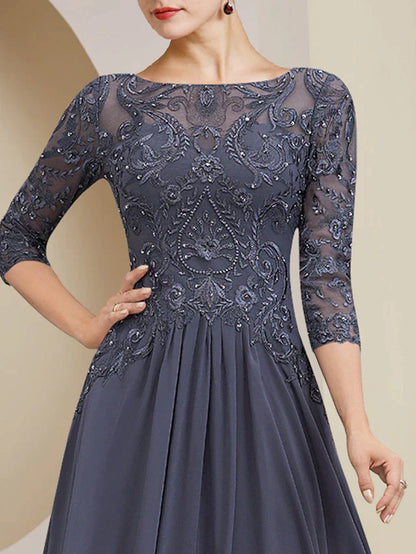 A-Line Mother of the Bride Dress Formal Elegant Scoop Neck Floor Length Tea Length Chiffon Lace Half Sleeve with Beading Appliques