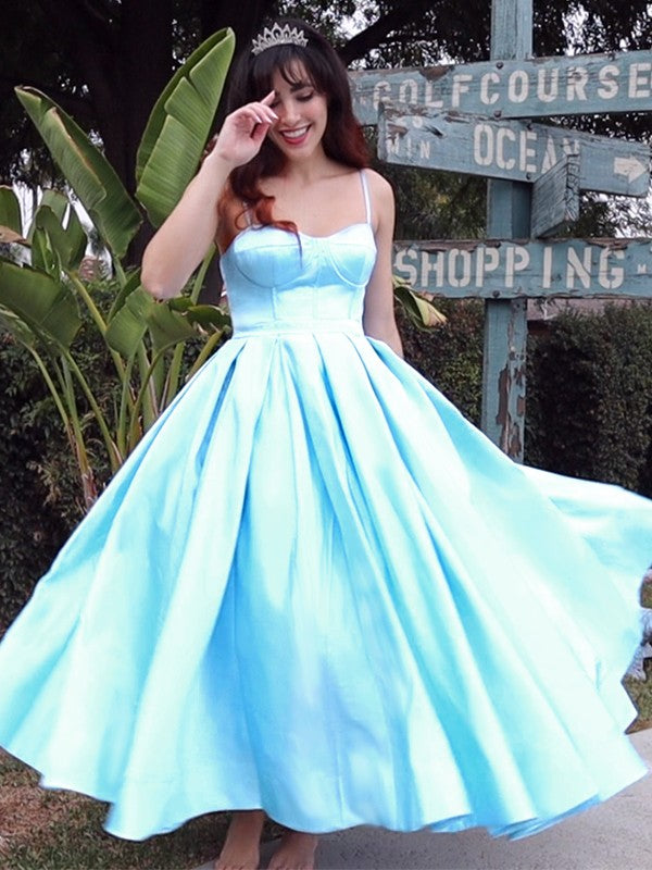 Ball Gown Spaghetti Straps Sleeveless Satin Ruffles Tea-Length Homecoming Dresses