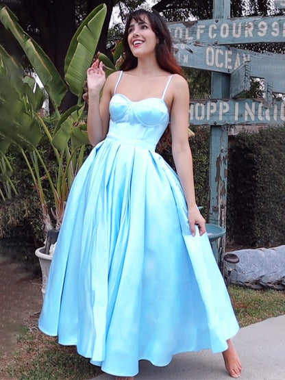 Ball Gown Spaghetti Straps Sleeveless Satin Ruffles Tea-Length Homecoming Dresses