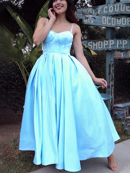 Ball Gown Spaghetti Straps Sleeveless Satin Ruffles Tea-Length Homecoming Dresses