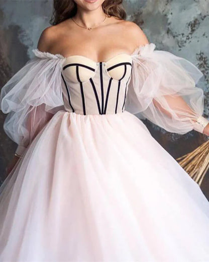 A-line Tulle Puffy Sleeve Ball Gown Corset Prom Dresses