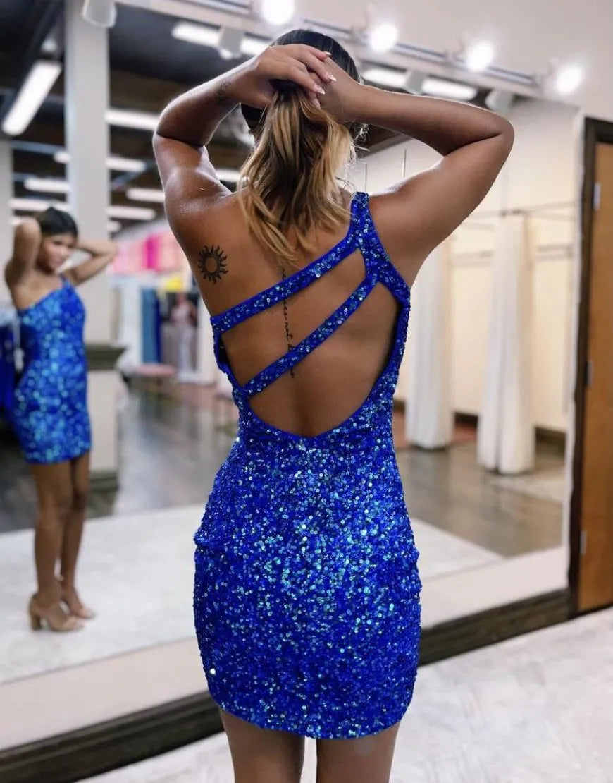 One Shoulder Glitter Sequin Homecoming Dress