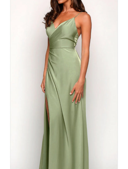 A-Line Bridesmaid Dress Spaghetti Strap Sleeveless Elegant Floor Length Charmeuse with Split Front / Ruching