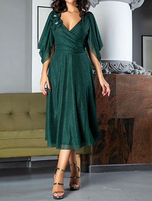 A-Line Cocktail Dresses Elegant Dress Wedding Guest Holiday Ankle Length Short Sleeve Plunging Neck Chiffon with Pleats Appliques