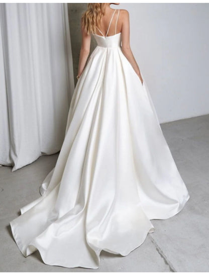 Hall Simple Wedding Dresses A-Line Sweetheart Camisole Spaghetti Strap Court Train Satin Bridal Gowns With Pleats Split Front