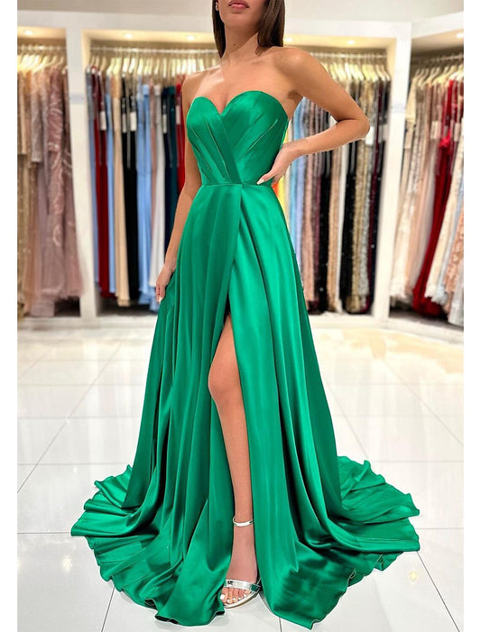 A-Line Prom Dress Christmas Red Green Dresses Empire Dress Formal Prom Sweep / Brush Train Sleeveless Sweetheart Backless with Pleats Slit