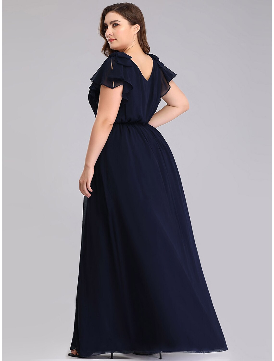 A-Line Mother of the Bride Dress Plus Size V Neck Floor Length Chiffon Short Sleeve with Ruffles Ruching