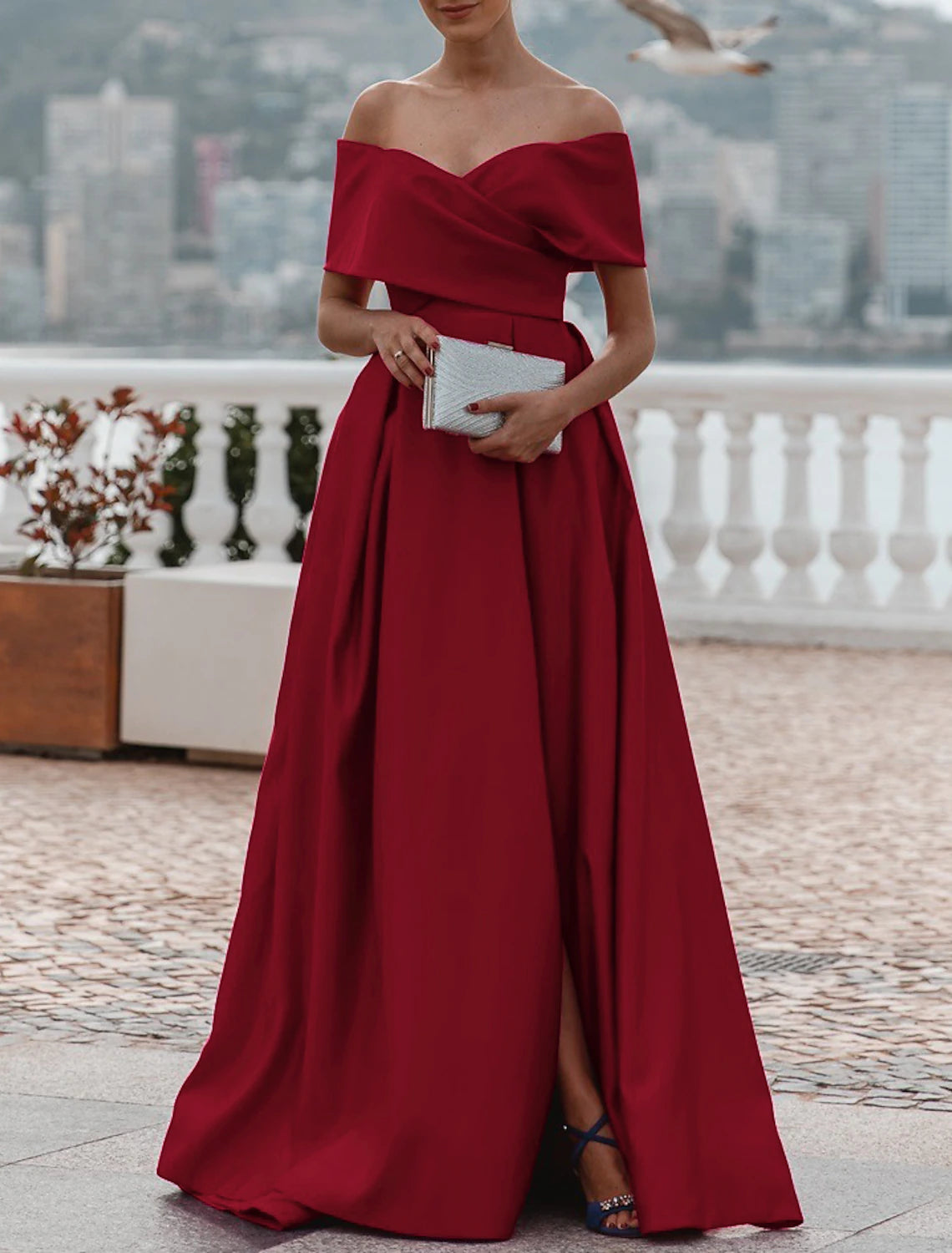 A-Line Evening Gown Elegant Dress Formal Wedding Court Train Sleeveless Off Shoulder Bridesmaid Dress Satin with Ruched Slit