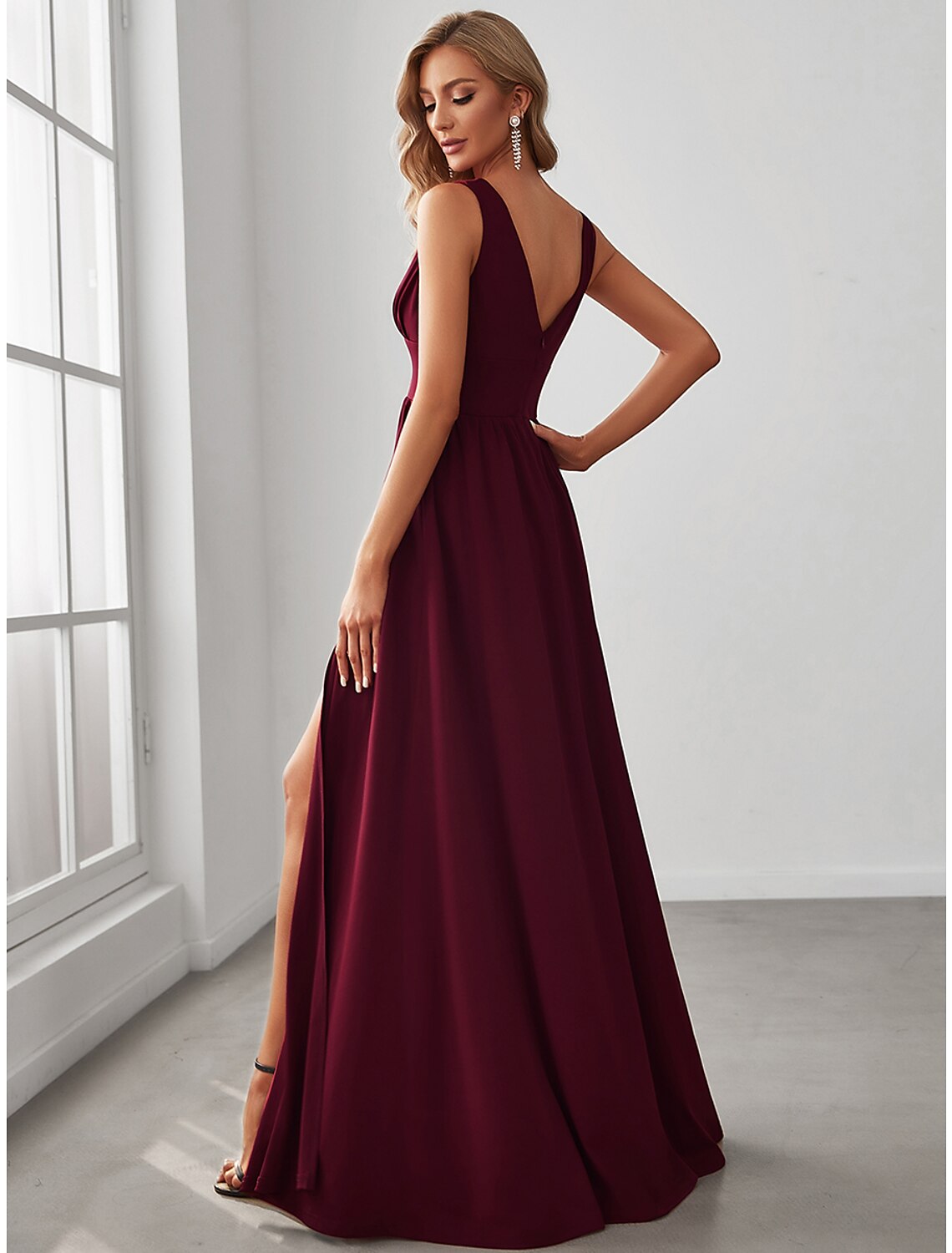 A-Line Prom Dresses High Split Dress Wedding Guest Floor Length Sleeveless V Neck Chiffon V Back with Slit