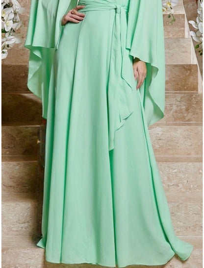 Sheath / Column Wedding Guest Dresses Elegant Dress Wedding Guest Floor Length Long Sleeve V Neck Chiffon with Pleats Ruffles