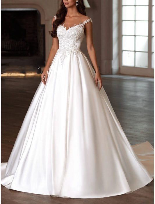 Reception Formal Wedding Dresses A-Line V Neck Sleeveless Court Train Satin Bridal Gowns With Pleats Appliques