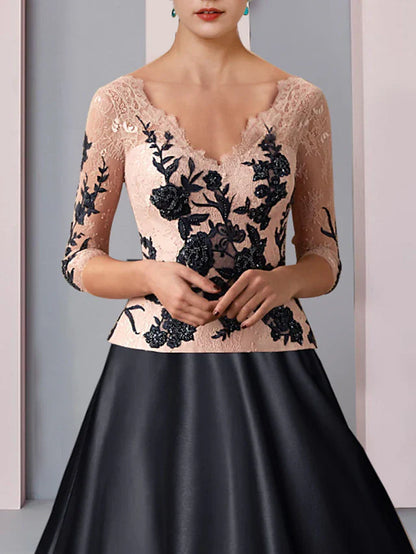 A-Line Mother of the Bride Dress Formal Wedding Guest Party Elegant V Neck Tea Length Satin Lace 3/4 Length Sleeve with Pleats Appliques Color Block